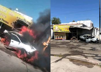 Sujeto choca contra taquería, se incendia su carro y el incendio consume a taquería en Sonora