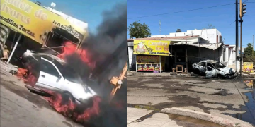 Sujeto choca contra taquería, se incendia su carro y el incendio consume a taquería en Sonora